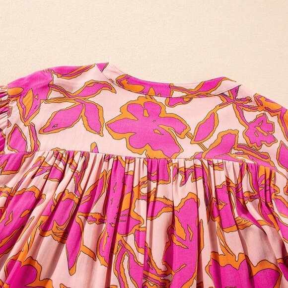 Multicolor Boho Women's Floral Print Batwing Sleeve Buttoned Loose Fit Shirt - Picture 6 of 8